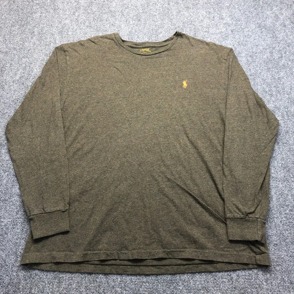 Polo Ralph Lauren Mens XL Long Sleeve T-Shirt Heathered Olive Green Orange Pony